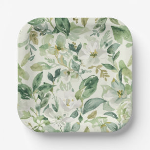 Botanisches Grün Wasserfarbe Florale Blätter Natur Pappteller