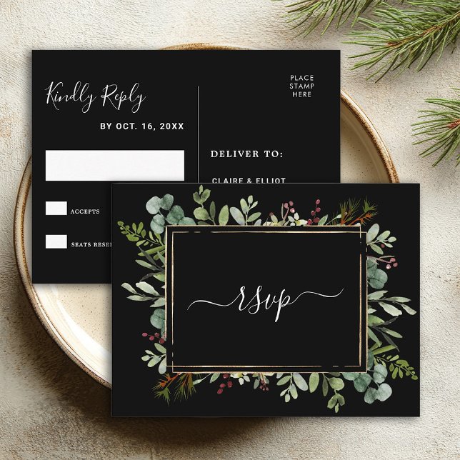Botanisches Grün Weihnachten Hochzeit Schwarzes UA Einladungspostkarte (Front & Back)
