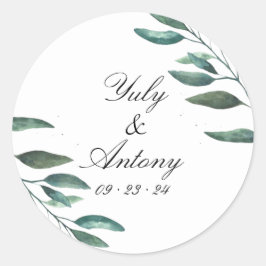 Botanisches Grünes Blätter Moderne Hochzeit Runder Aufkleber