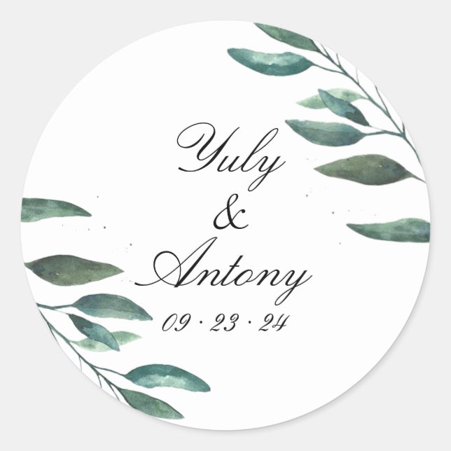 Botanisches Grünes Blätter Moderne Hochzeit Runder Aufkleber (Vorderseite)