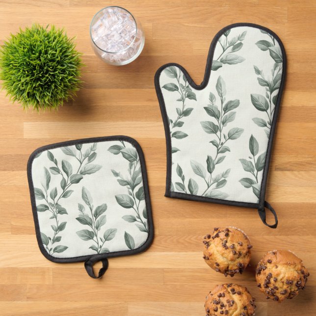 Botanisches Grünes Leaf Muster Küche Ofenhandschuh & Topflappen-Set (Oben Unten)