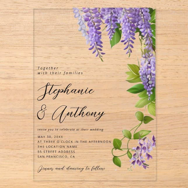 Botanisches Hängen Lila Wisteria Wedding Acryleinladungen (Vorderseite)