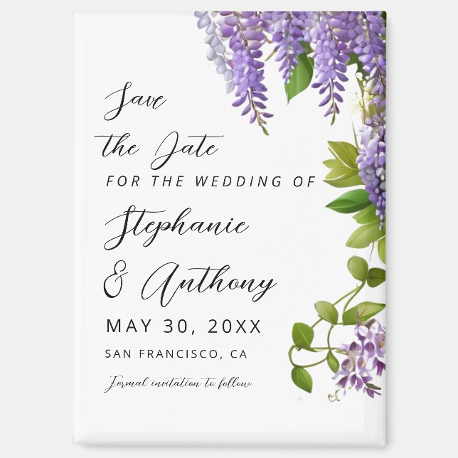 Botanisches Hängen Lila Wisteria Wedding Magnet (Vorderseite)