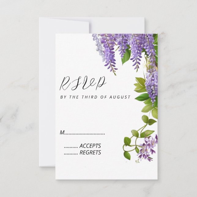 Botanisches Hängen Lila Wisteria Wedding RSVP Karte (Vorderseite)