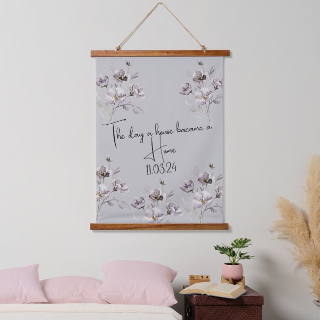 Botanisches "Haus wird Zuhause" Aquarell-Blume Wandteppich Mit Holzrahmen (Schlafzimmer)