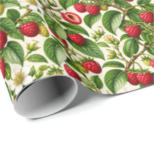 Botanisches Himbeer- und Blütenmuster Geschenkpapier