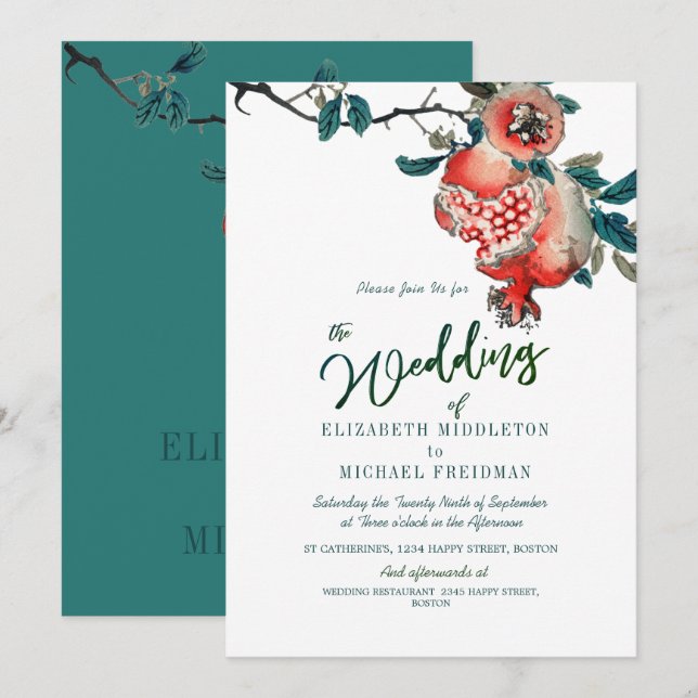 Botanisches Hochzeitgrün Blätter Modernes Granatap Einladung (Vorne/Hinten)