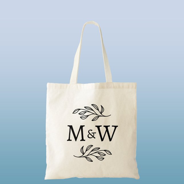 Botanisches Hochzeitscouple-Monogramm Tragetasche (Wedding couple monogram initials personalized botanical leaf sprig welcome or favor budget tote bag)