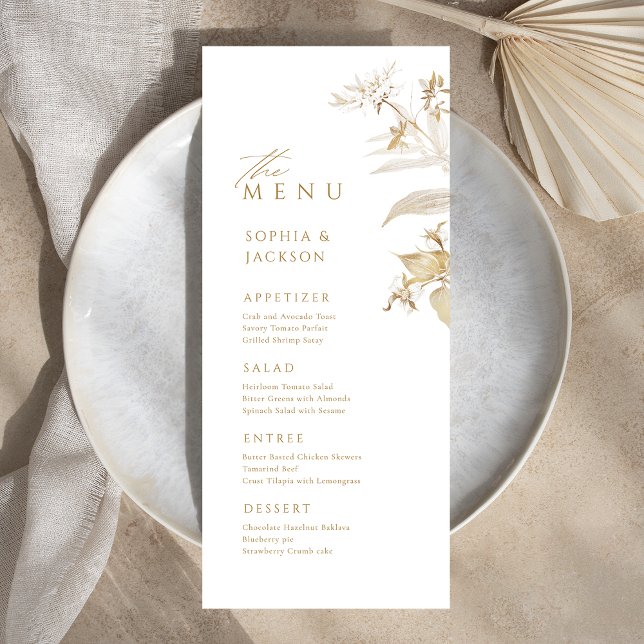Botanisches Hochzeitsmenü des eleganten Goldmedail Menükarte (Elegant Gold Botanical Floral Wedding Menu)