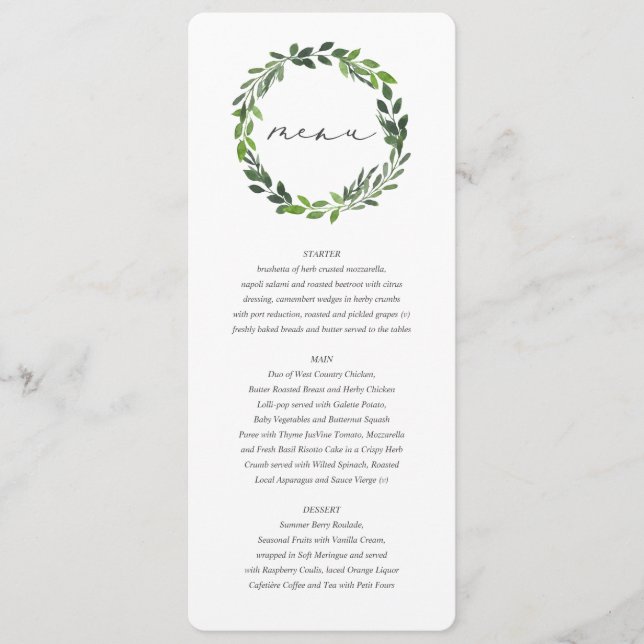 Botanisches Hochzeitsmenü mit Blattwerk Menükarte (Vorderseite)