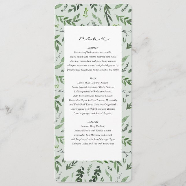 Botanisches Hochzeitsmenü mit Blattwerk Menükarte (Vorderseite)