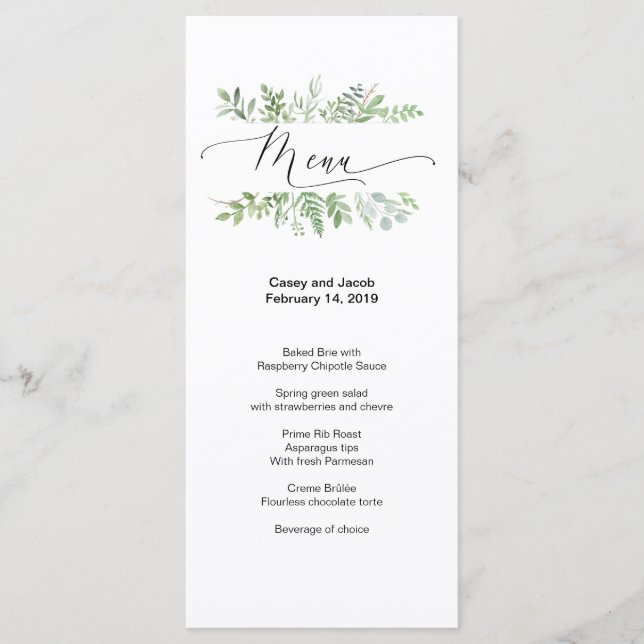 Botanisches Hochzeitsmenü mit Wasserfarbe Menükarte (Vorderseite)