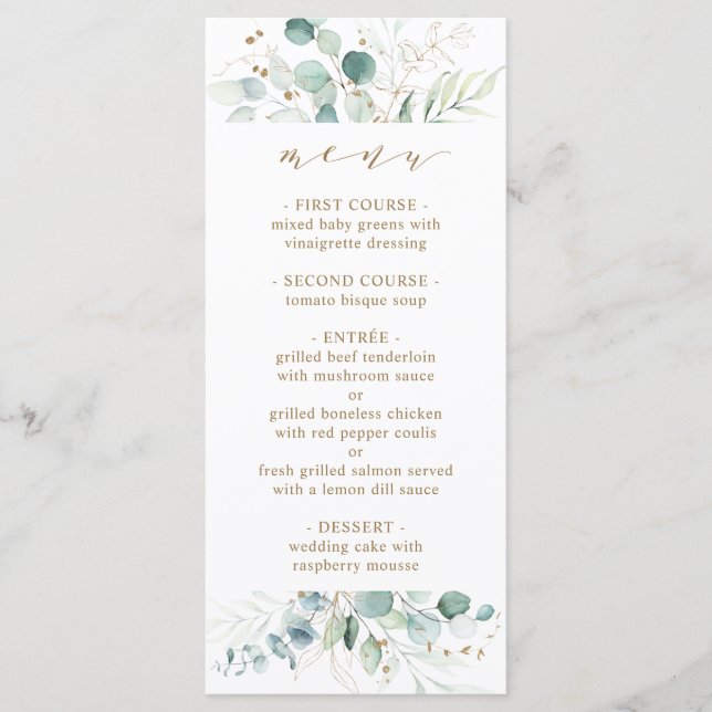 Botanisches Hochzeitsmenü von Gold und Green Menükarte (Vorderseite)
