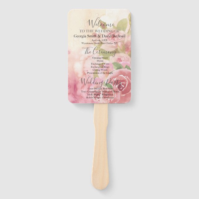 Botanisches Hochzeitsprogramm der Blush-Rose Fächer (Vorderseite)