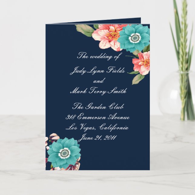 Botanisches Hochzeitsprogramm für Blaue und Rosa F Dankeskarte (Vorderseite)