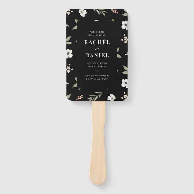 Botanisches Hochzeitsprogramm für moderne Schwarze Fächer (Vorderseite)