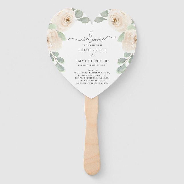 Botanisches Hochzeitsprogramm für Weißrosen Fächer (Vorderseite)