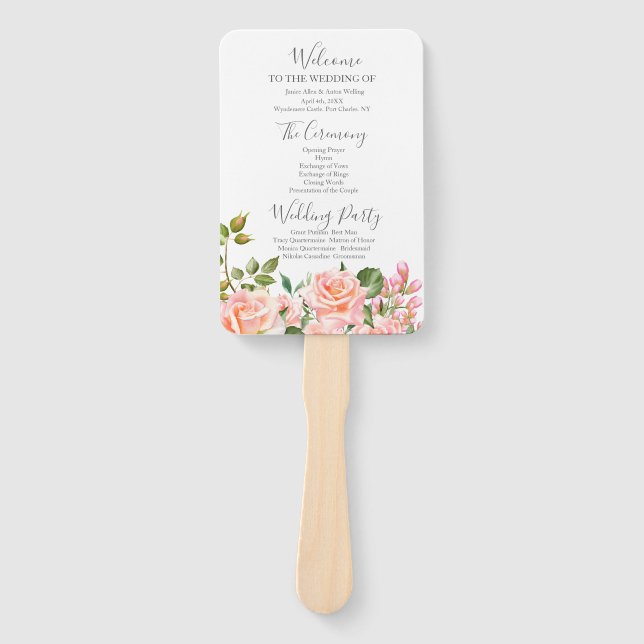 Botanisches Hochzeitsprogramm in Rosa Fächer (Vorderseite)