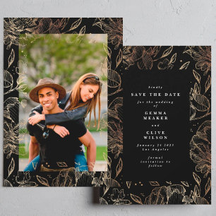 Botanisches Hochzeitssemble aus schwarzem, zeitgen Save The Date