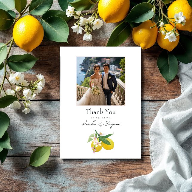Botanisches Hochzeitssemble für Lemon Dankeskarte (Elegant Lemon Botanical Wedding Photo Thank You Card)