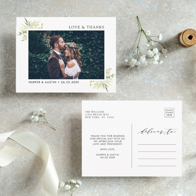 Botanisches Hochzeitsszenario in Green Foliage Fot Postkarte (Front & Back)