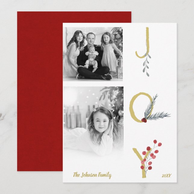 Botanisches Holiday Joy Rustic Gold Minimales Foto Einladung (Vorne/Hinten)