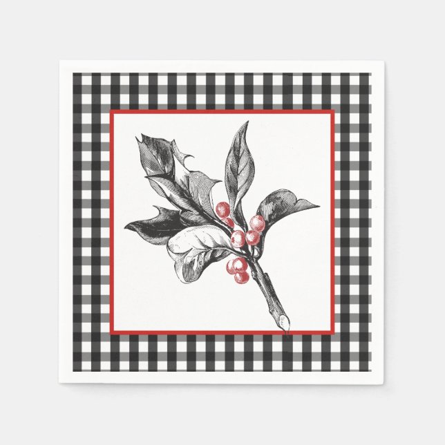 Botanisches Holly Black und Weißes Weihnachtsbuch Serviette (Vorderseite)