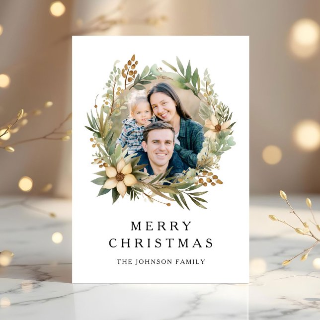 Botanisches Kranz-Foto Weihnachten (Christmas 1 Photo Arch Watercolor Botanical Holiday Card)