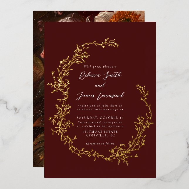 Botanisches Kraut Kunstmalerei Rote Hochzeit Folieneinladung (Vorderseite/Rückseite)