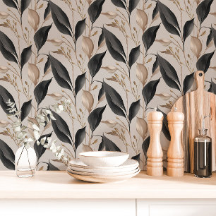 Botanisches Leaf in Schwarz und Beige Tapete