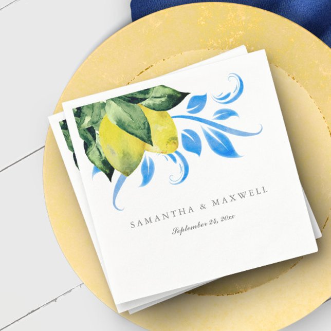 Botanisches Lemon-Hochzeitstil Serviette (custom wedding napkins Italian weddings blue and yellow watercolor lemons by Victoria Grigaliunas)