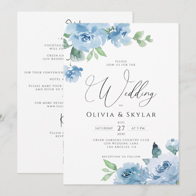 Botanisches Light Baby Blue QR in einer Hochzeit Einladung (Vorne/Hinten)