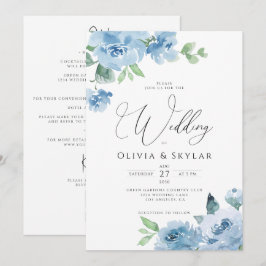 Botanisches Light Baby Blue QR in einer Hochzeit Einladung