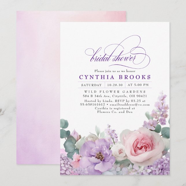Botanisches Lila-rosa-florales Boho-Brautparty Einladung (Vorne/Hinten)