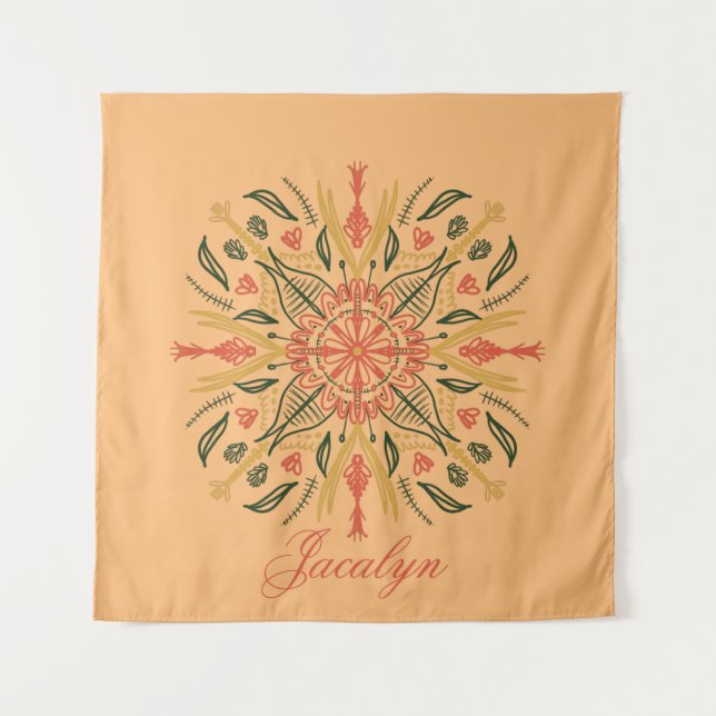 Botanisches Mandala Boho Orange Name Tapestry Wandteppich (Vorderseite)