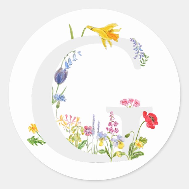 botanisches Monogramm-Alphabet g Wildblumen Runder Aufkleber (Vorderseite)