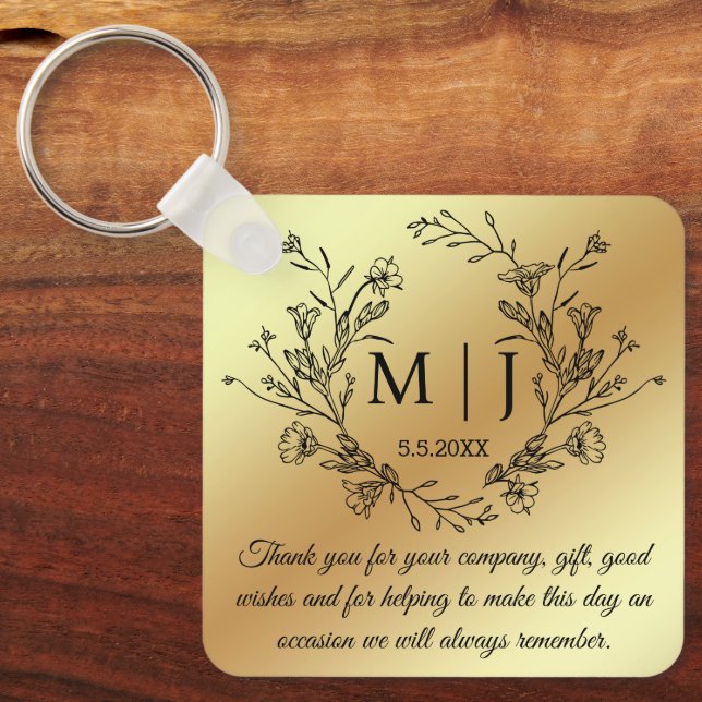 Botanisches Monogramm danke Ihnen Hochzeit Gold Schlüsselanhänger (Vorderseite)