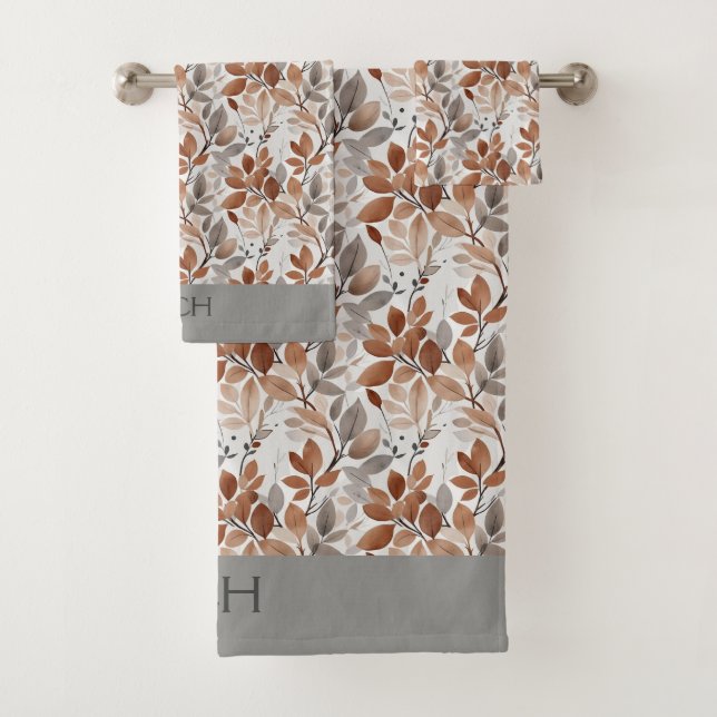 Botanisches Monogramm Grau Brown Beige Leaf Badhandtuch Set (Insitu)
