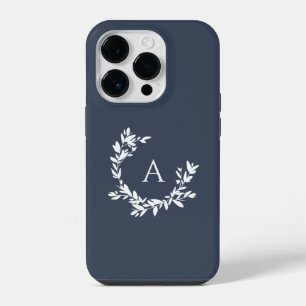 Botanisches Monogramm Initial Navyblau iPhone 14 Pro Hülle