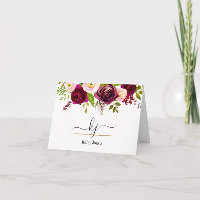 Botanisches Monogramm mit floralem Burgundy Blush  Dankeskarte (Vorderseite)