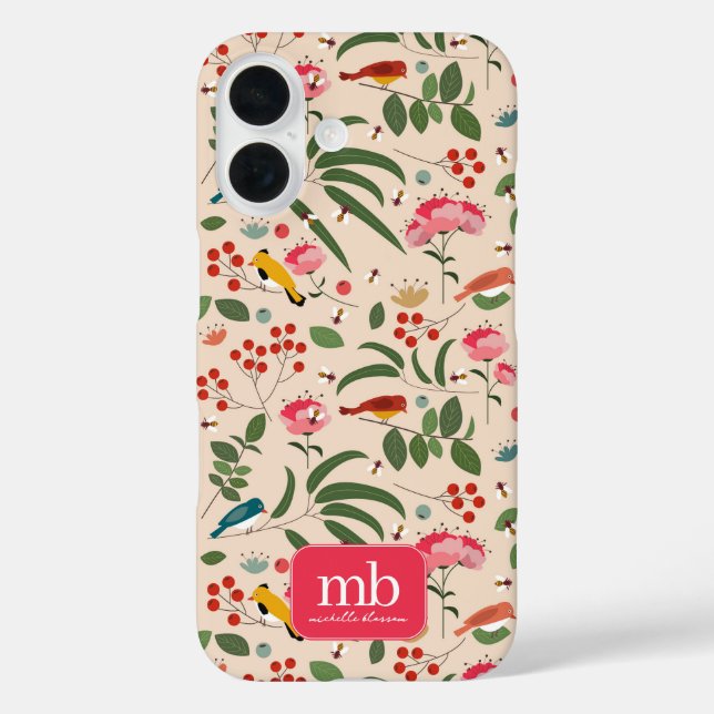 Botanisches Monogramm von handgezogenen Blütenbien iPhone 16 Hülle (Rückseite)