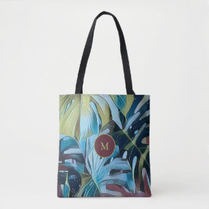 Botanisches Moody Blue Monstera Blätter mit Monogr Tasche