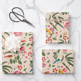 Botanisches Muster der handgezogenen Blütenbienen Geschenkpapier Set