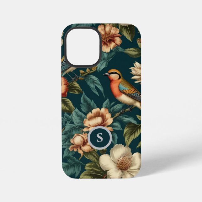 Botanisches Muster Vintage Blumenvögel Monogramm iPhone 12 Mini Hülle (Rückseite)