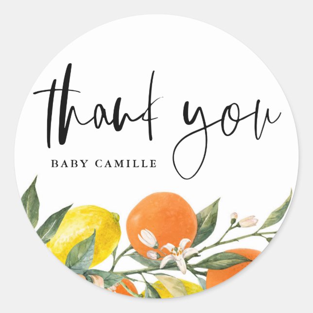 Botanisches Orange und Lemon Baby Dusche Vielen Da Runder Aufkleber (Vorderseite)