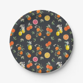 Botanisches Orange- und Zitronenmuster dunkel Pappteller
