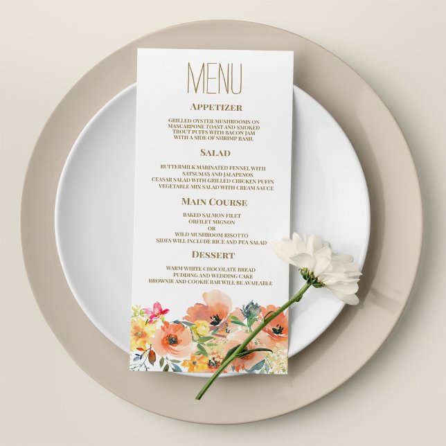 Botanisches orangefarbenes rosa Blumenmenü Programm (Botanic orange yellow pink floral Wedding Menu )
