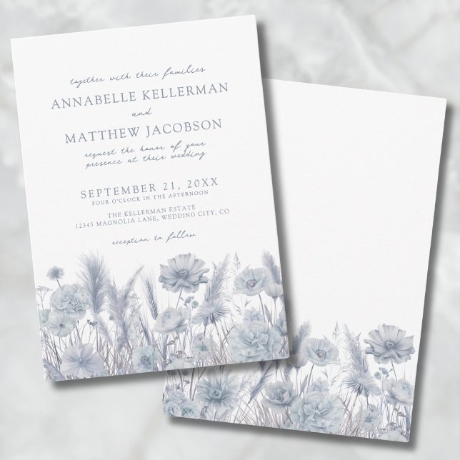 Botanisches Pampas floral Dusty Blue Wedding Einladung (Botanical Pampas Floral Dusty Blue Wedding Invitation)
