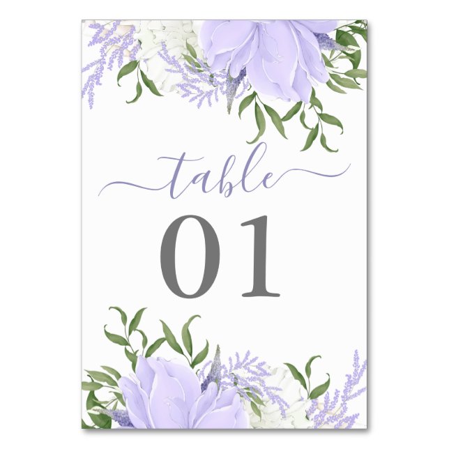 Botanisches Periwinkle Wasserfarbenhochzeit Tischnummer (Vorderseite)