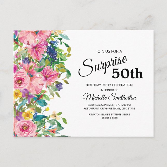 Botanisches Pink Blau Wasserfarbe Floral 50. Birth Postkarte (Vorderseite)